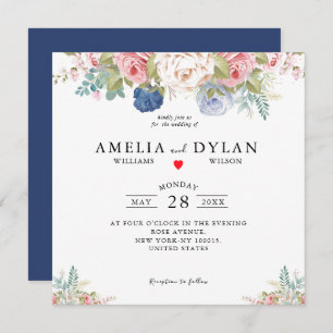 Rustic Navy Blush Pink Floral Modern Wedding Invit Invitation