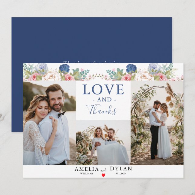 Rustic Navy Blush Pink Floral Modern Wedding  Thank You Card (Front/Back)