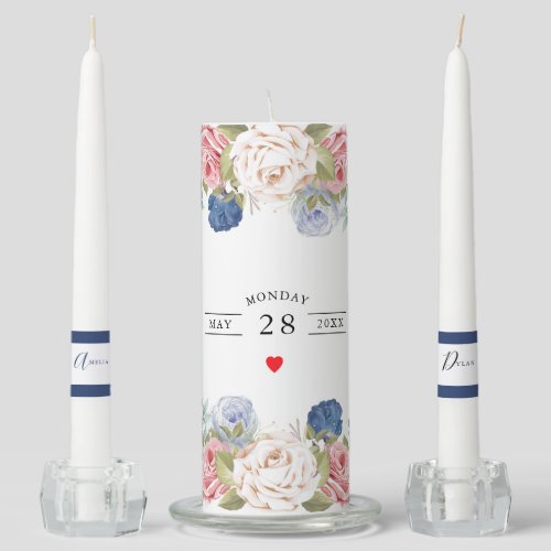 Rustic Navy Blush Pink Floral Modern Wedding  Unity Candle Set