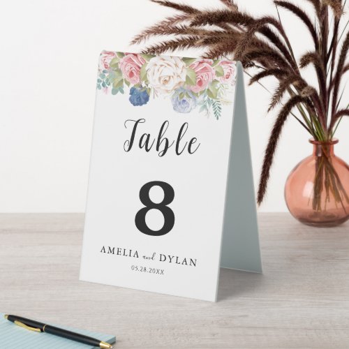 Rustic Navy Blush Pink Floral Wedding Table Tent Sign