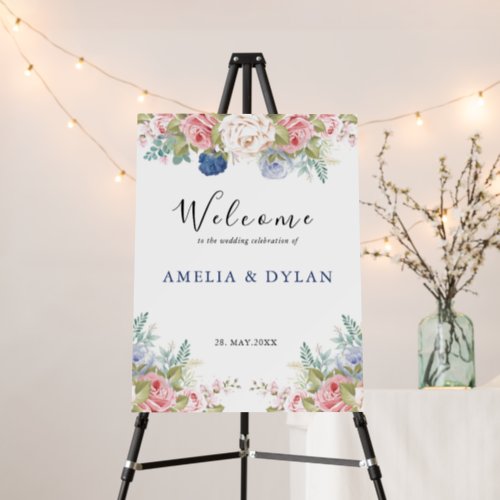 Rustic Navy Blush Pink Floral Wedding Welcome  Foam Board