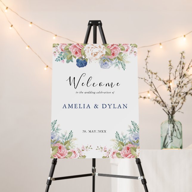Rustic Navy Blush Pink Floral Wedding Welcome  Foam Board (In Situ (Stand))