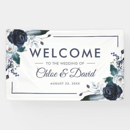 Rustic Navy Boho Floral Wedding Banner - Elegant navy wedding welcome banner featuring a classic white background, rustic boho blue watercolor flowers, and a stylish wedding template that is easy to personalize.