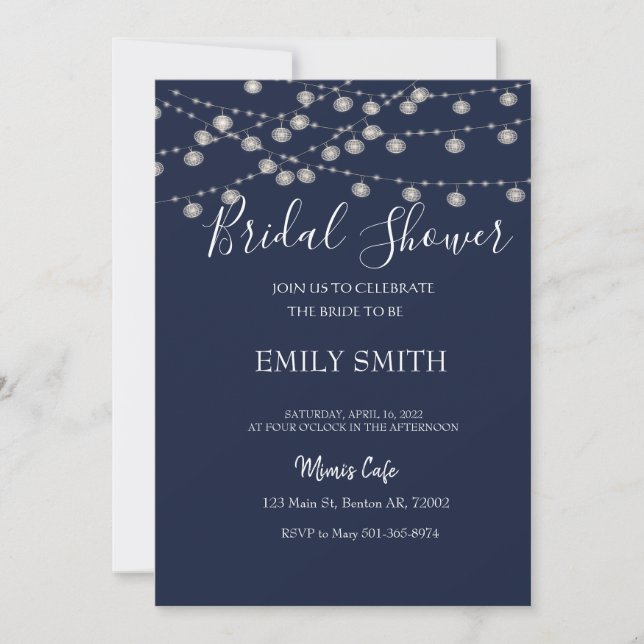 Rustic navy bridal shower white string lights  invitation (Front)