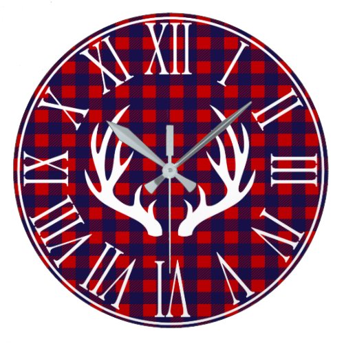 Rustic Navy Buffalo Check Plaid & Deer Antlers Large Clock