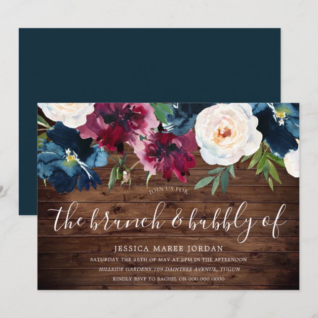 Rustic Navy Burgundy Brunch & Bubbly Bridal Shower Invitation (Front/Back)