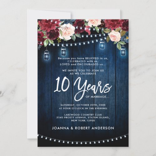 Rustic Navy Burgundy Floral Mason Jar Wedding Invitation