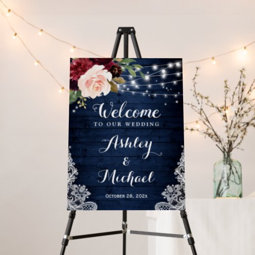 Rustic Navy Burgundy Floral String Lights Wedding Foam Board - Rustic Navy Burgundy Floral String Lights Wedding Sign Foam Board. 
(1) The default size is 18 x 24 inches, you can change it to other size.  
(2) For further customization, please click the "customize further" link and use our design tool to modify this template.