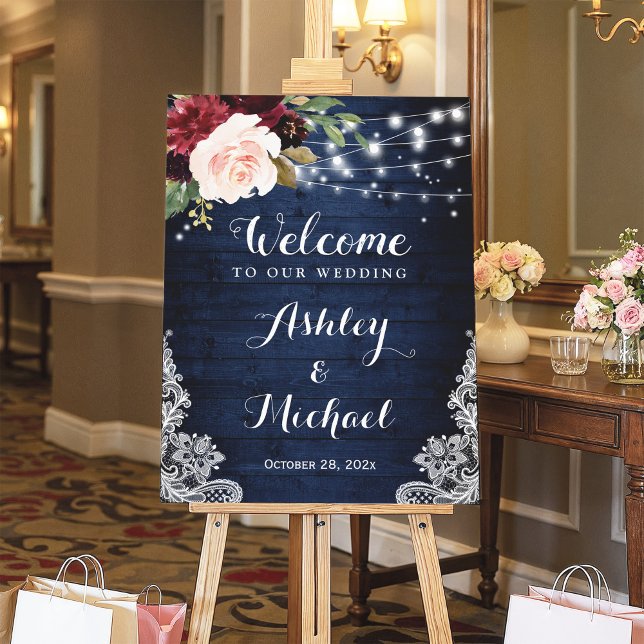 Rustic Navy Burgundy Floral String Lights Wedding Foam Board (Creator Uploaded)