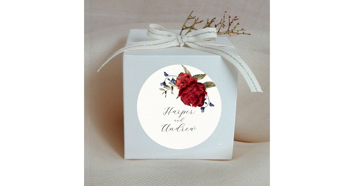 Rustic Navy Burgundy Floral Wedding Favor Classic Round Sticker | Zazzle