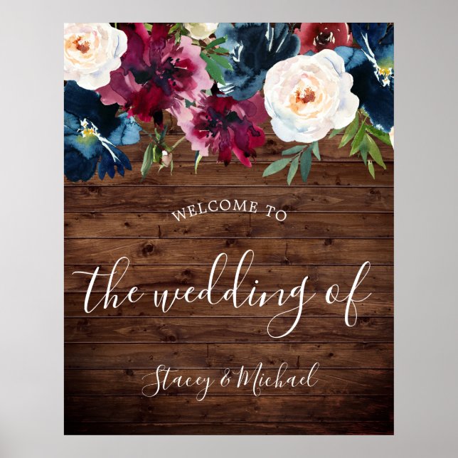 Rustic Navy & Burgundy Floral Welcome Wedding Poster (Front)