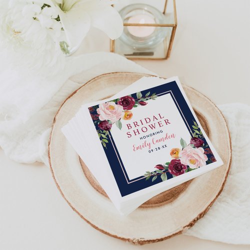 Rustic Navy Burgundy Pink Floral Bridal Shower Napkins