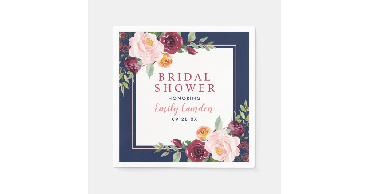 Rustic Navy Burgundy Pink Floral Bridal Shower Napkins | Zazzle