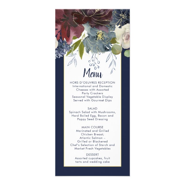 Rustic Navy Burgundy Rose Gold Floral Wedding Menu (Front)