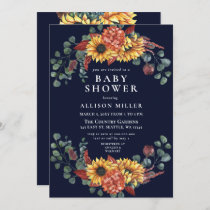 Rustic  Navy Burgundy Sunflowers Baby Shower Invitation