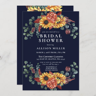 Rustic Navy Burgundy Sunflowers Bridal Shower Invitation