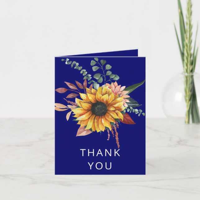 Rustic Navy Burgundy Sunflowers Thank You Card (Front)