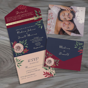 Rustic Navy Burgundy Wedding All In One Invitation