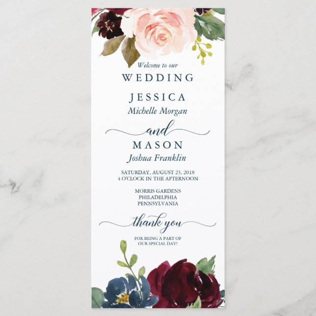 Rustic Navy Burgundy Wedding Program (Front)