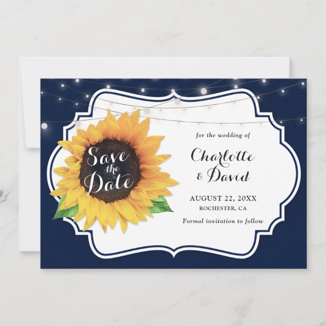 Rustic Navy Burlap Sunflower Save The Date Cards (Front)