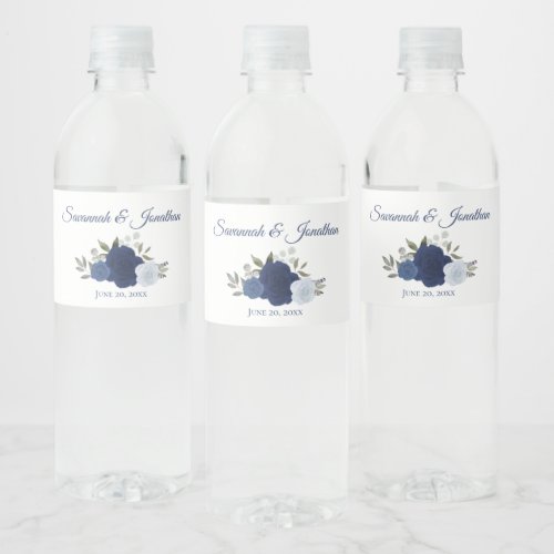 Rustic Navy Dusty Blue  Indigo Roses Wedding Water Bottle Label