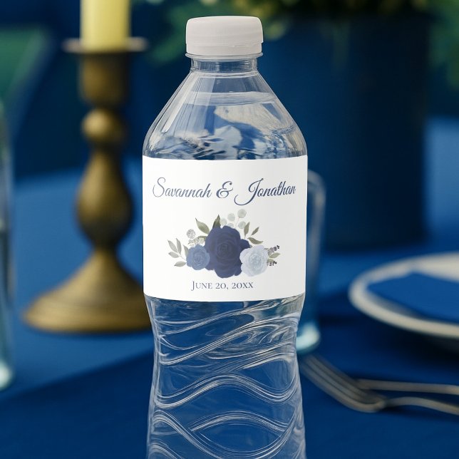 Rustic Navy Dusty Blue & Indigo Roses Wedding Water Bottle Label (Creator Uploaded)