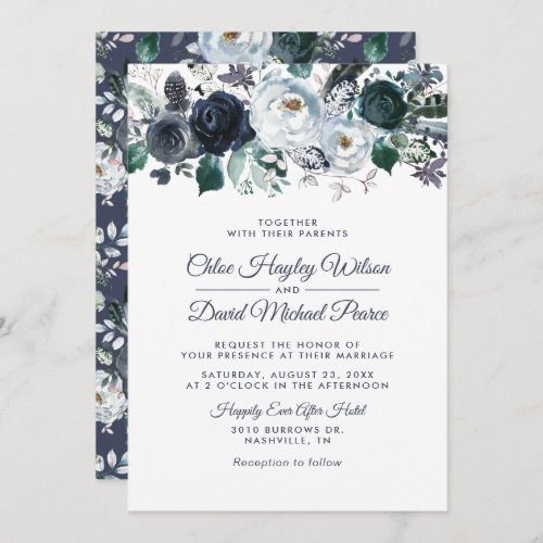 Rustic Navy Dusty Blue Watercolor Wedding Invitation - Elegant navy & dusty blue wedding invitations featuring a trendy white background that can be changed to any color, rustic boho blue watercolor flowers, and a modern wedding template.