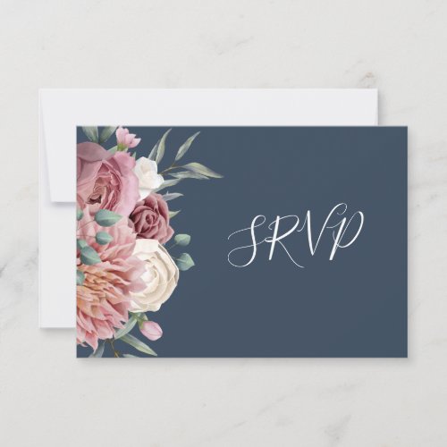 Rustic Navy Dusty Rose Watercolor Flower Bouquet R RSVP Card