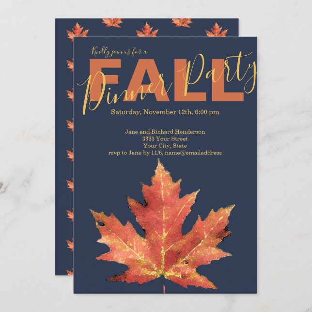 Rustic Navy Fall Dinner Party Invitation (Front/Back)