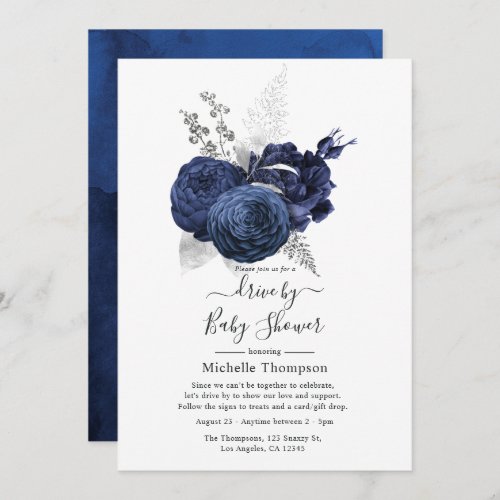 Rustic Navy  Faux Glitter Silver Drive By Shower Invitation