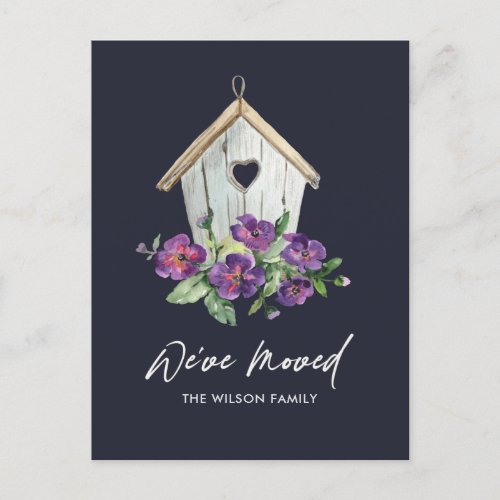 RUSTIC NAVY FLORAL BIRD HOUSE MOVING NEW ADDRESS ANNOUNCEMENT POSTCARD