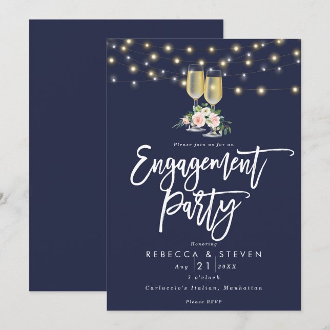 rustic navy floral engagement party invitation (Front/Back)