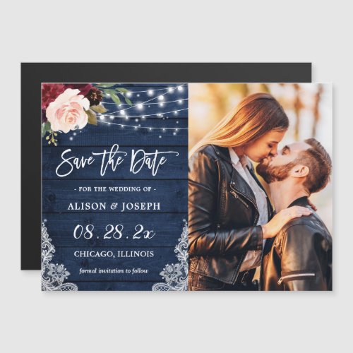 Rustic Navy Floral Save the Date Magnetic Card - Rustic Navy Burgundy Red Floral String Lights Wedding Save the Date Magnetic Card