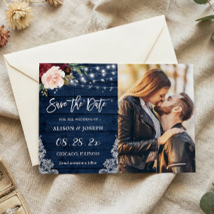 Rustic Navy Floral Save the Date Magnetic Card