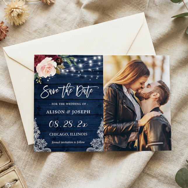 Rustic Navy Floral Save the Date Magnetic Card (Creator Uploaded)