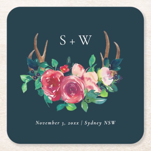 Rustic Navy Floral Stag Antlers Monogram Wedding Square Paper Coaster