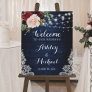 Rustic Navy Floral String Lights Lace Wedding Sign