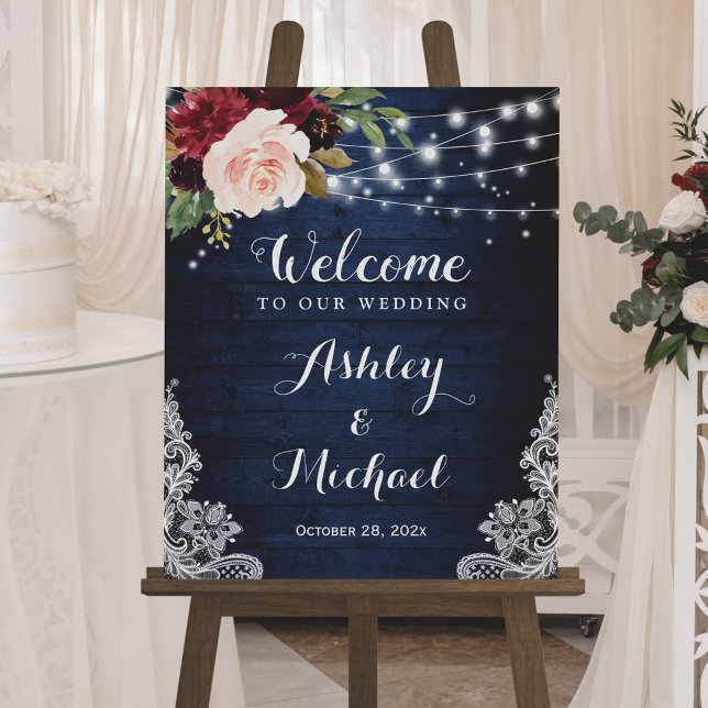 Rustic Navy Floral String Lights Lace Wedding Sign (Creator Uploaded)