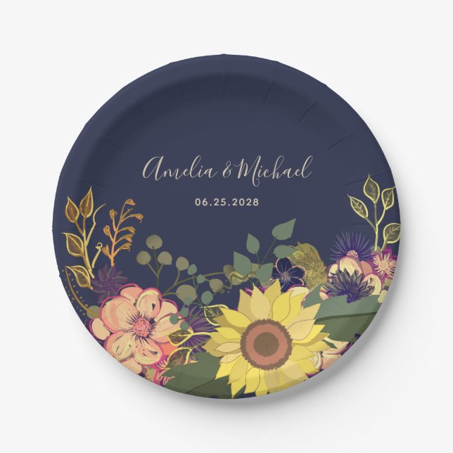 Rustic Navy Floral Wedding Paper Plates (Front)