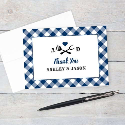 Rustic Navy Gingham Plaid BBQ Wedding Monogram Thank You Card