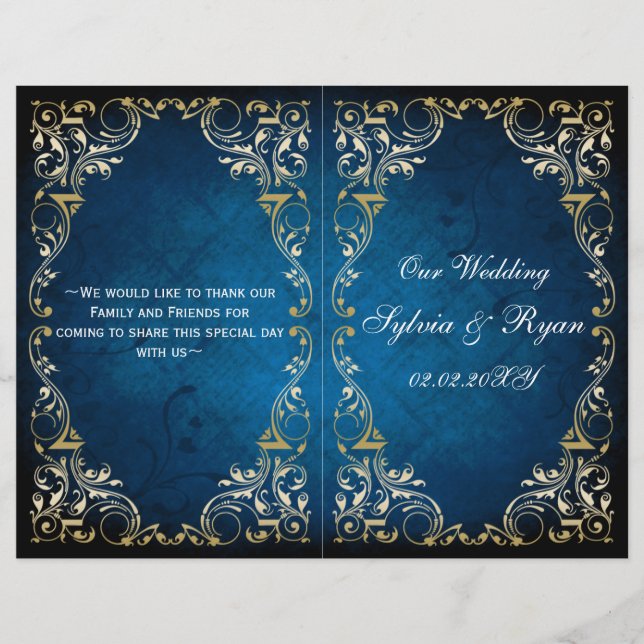 Rustic navy gold bookfold Wedding program (Front)