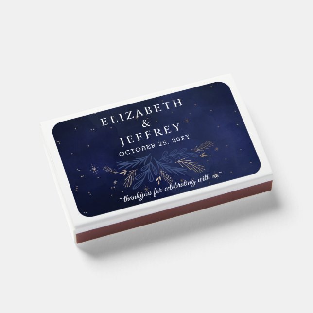 Rustic Navy Gold Botanical Wedding Matchboxes (Front Closed)