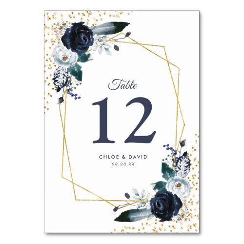Rustic Navy Gold Floral Wedding Table Number - Elegant geometric wedding table numbers featuring a trendy white background that can be changed to any color, rustic boho blue watercolor flowers, a gold geometric frame, gold glitter, and the reception table number. Click on the “Customize it” button for further personalization of this template. You will be able to modify all text, including the style, colors, and sizes. You will find matching items further down the page, if however you can't find what you looking for please contact me.