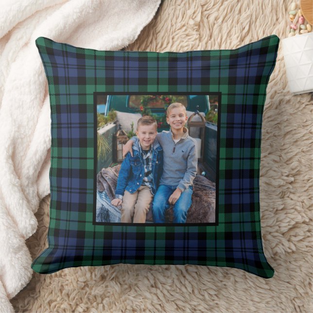 Rustic Navy Green Black Watch Plaid Holiday Photo Throw Pillow (Blanket)