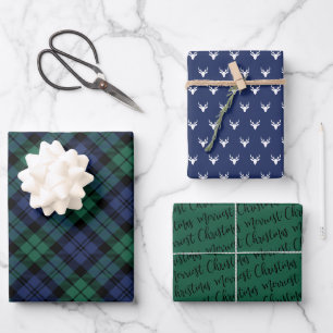 Rustic Navy Green Watch Plaid Deer Christmas Wrapping Paper Sheets