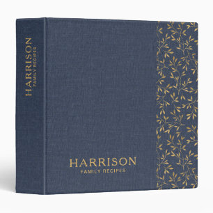 Rustic Navy Linen Texture Gold Leaf Family Recipe 3 Ring Binder