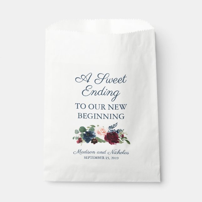 Rustic Navy Marsala Floral Wedding Favor Bags (Front)