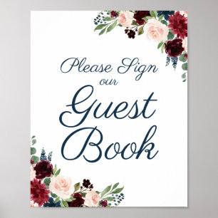 Rustic Navy Marsala Floral Wedding Guest Book Sign