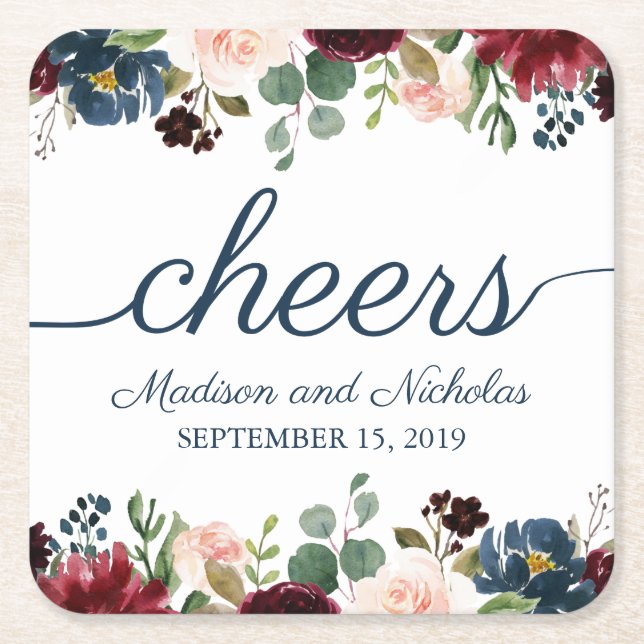 Rustic Navy Marsala Floral Wedding Paper Coasters (Front)