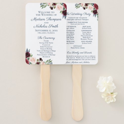 Rustic Navy Marsala Flower Wedding Program Fans